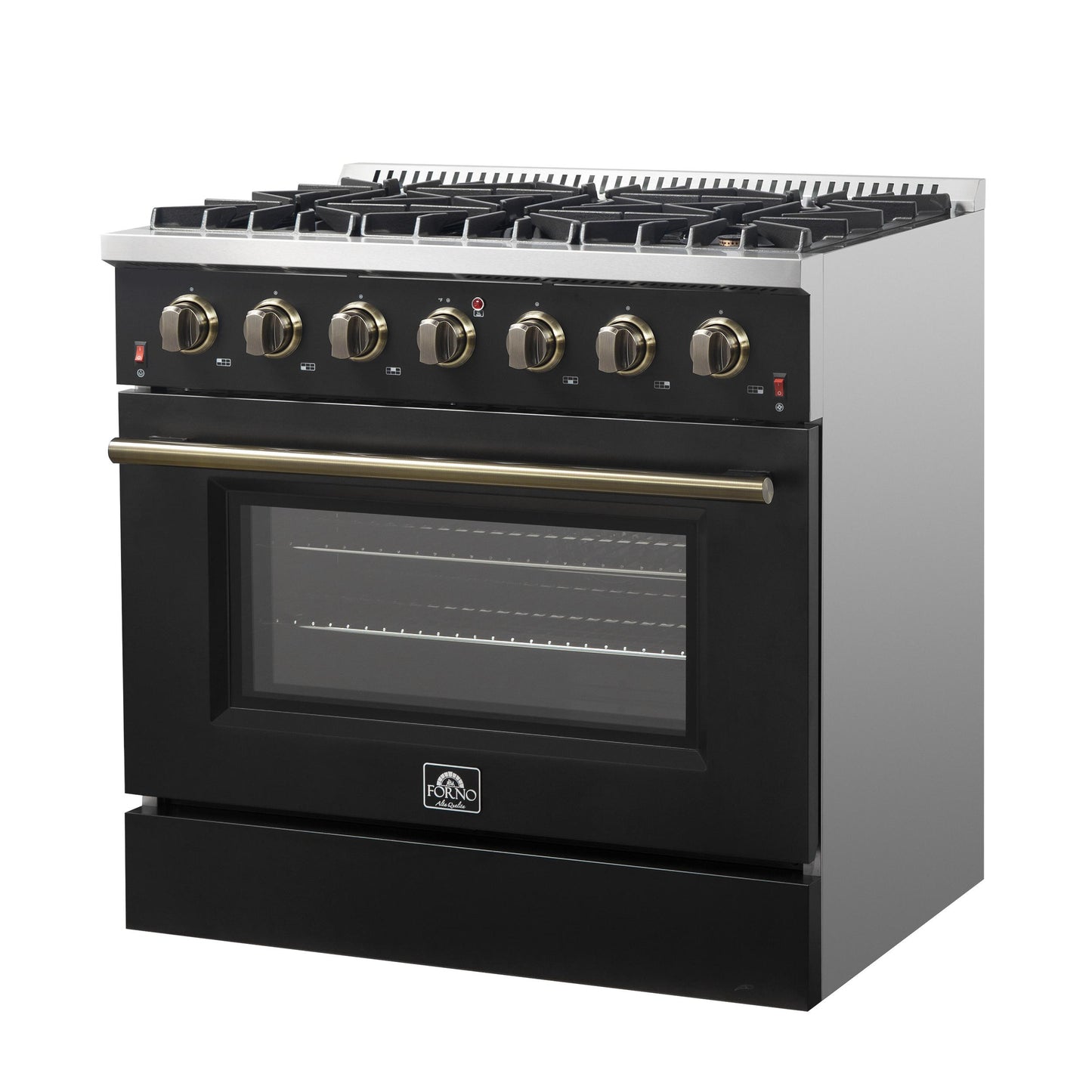 Forno FFSGS624436BLK Forno Galiano 36-Inch Freestanding Gas Range In Black With Antique Brass Design, 6 Burners, 83,000 Btu, 5.36 Cu.Ft. Convection Oven