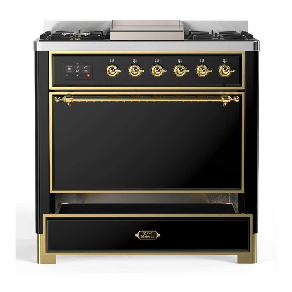Ilve UM36FQNR3BKG Ilve Um36Fqnr3Bkg Majestic Iii 36 Inch Dual Fuel Range With 6 Black Brass Burners And Griddle, Dual Function Burner Up To 25,000 Btu (Solid Door, Glossy Black, Brass, Natural Gas)