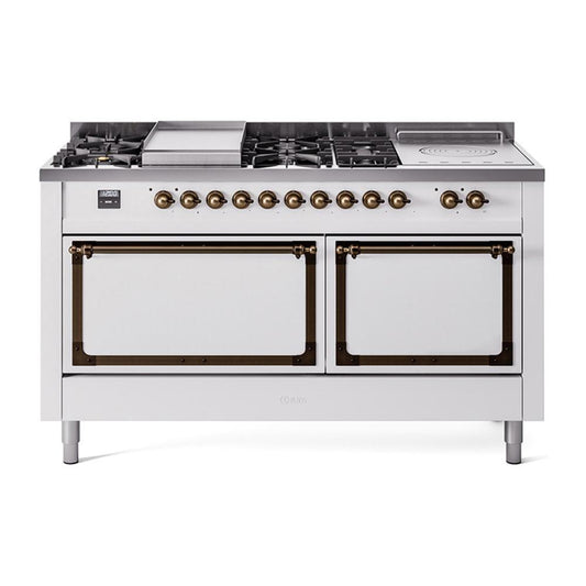 Ilve UN60FSQNMPWHB Ilve Un60Fsqnmpwhb Nostalgie Ii Noblesse 60" Dual Fuel Range (7 Sealed Burners + Griddle + French Top, Natural Gas, Solid Door, White, Burnished)