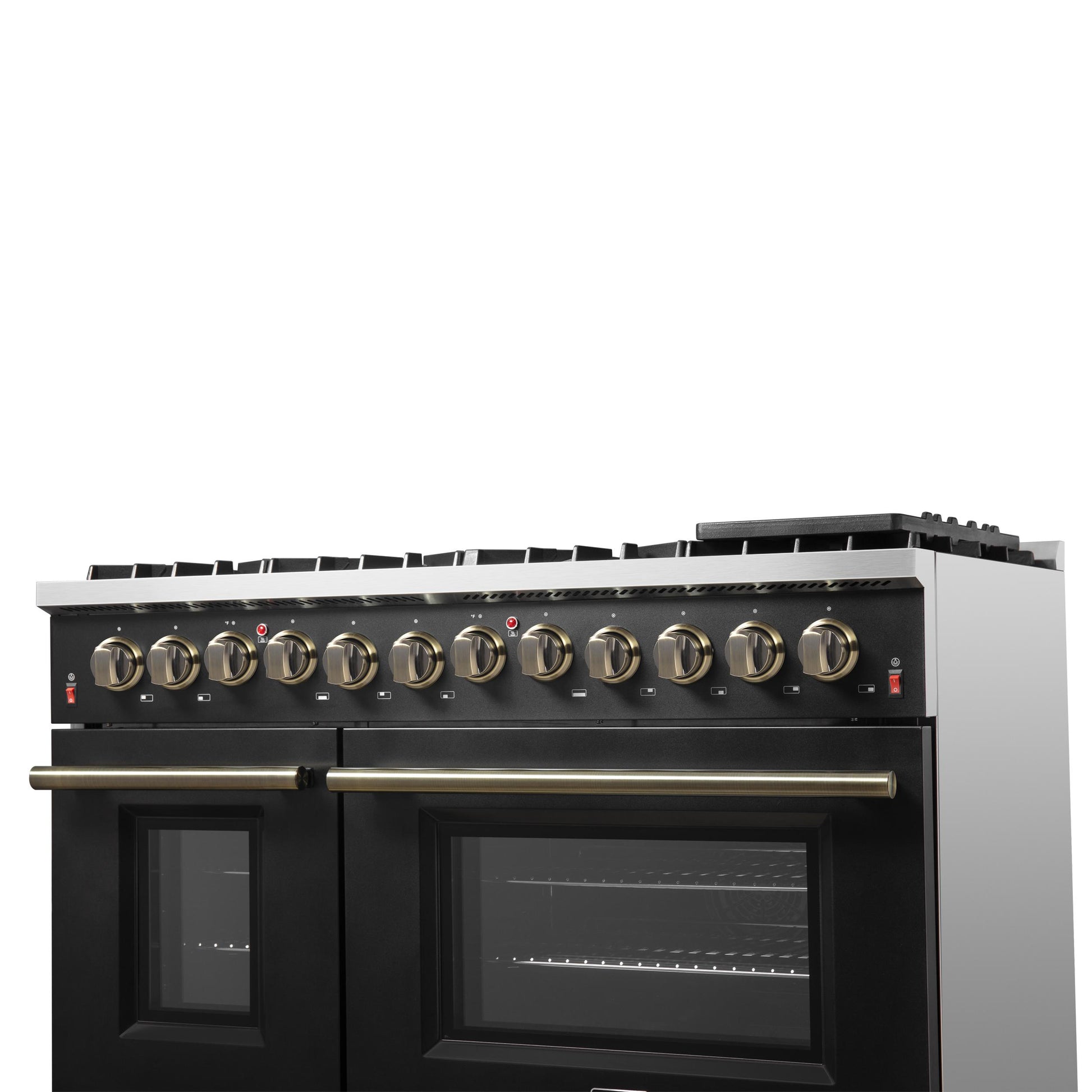 Forno FFSGS615648BLK Galiano 48-Inch Dual Fuel Range Black & Antique Brass Design With 8 Sealed Burners 107,000 Btu, 6.58 Cu. Ft. Double Ovens & Griddle