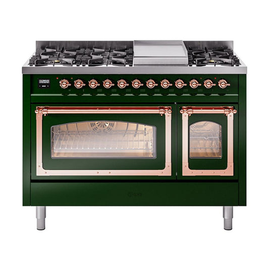 Ilve UN48FNMPEGP Ilve Un48Fnmpegp Nostalgie Ii Noblesse 48" Dual Fuel Range (8 Sealed Burners + Griddle, Natural Gas, Triple Glass Door, Emerald Green, Copper)