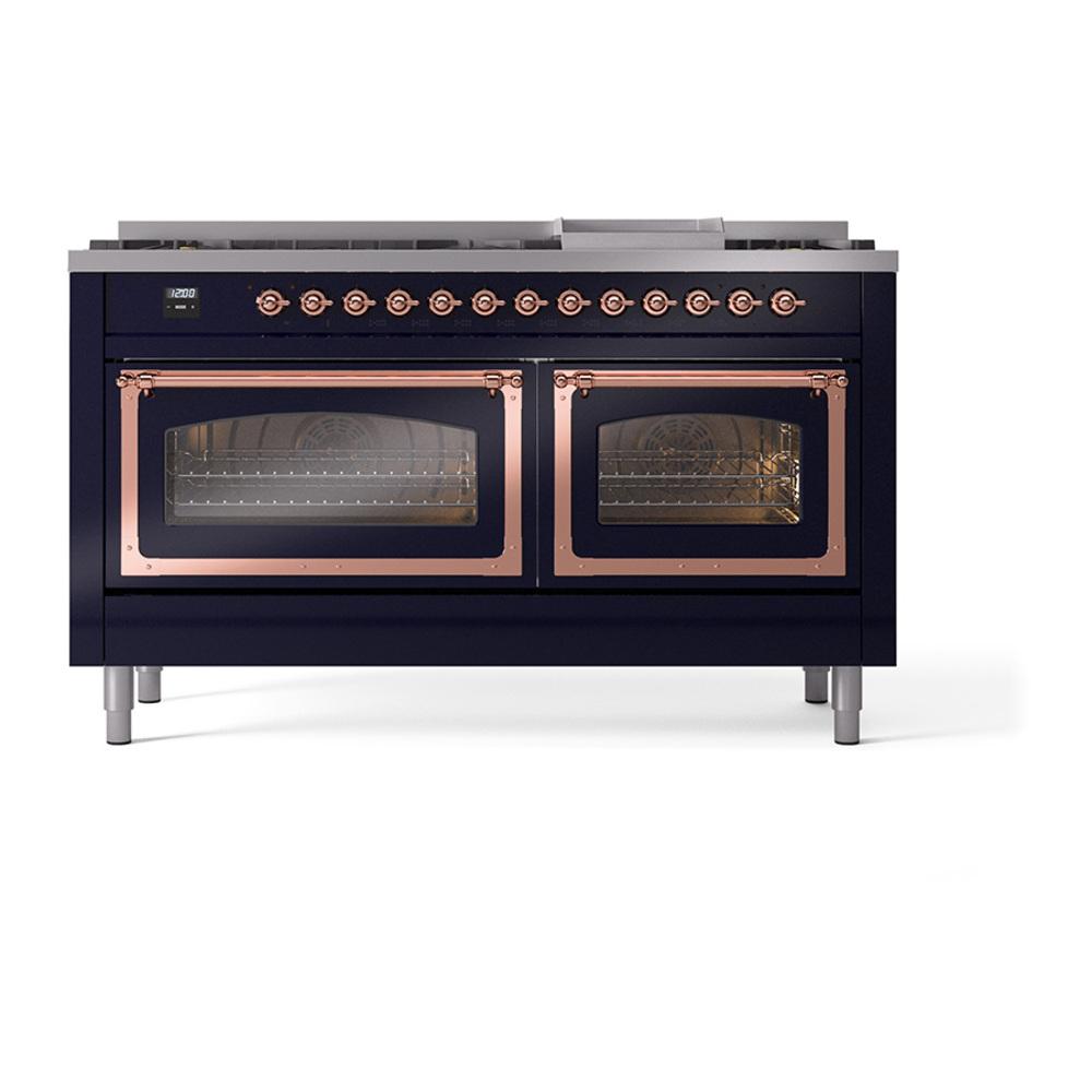 Ilve UN60FNMPMBPLP Ilve Un60Fnmpmbplp Nostalgie Ii Noblesse 60" Dual Fuel Range (9 Sealed Burners + Griddle, Liquid Propane, Triple Glass Door, Midnight Blue, Copper)