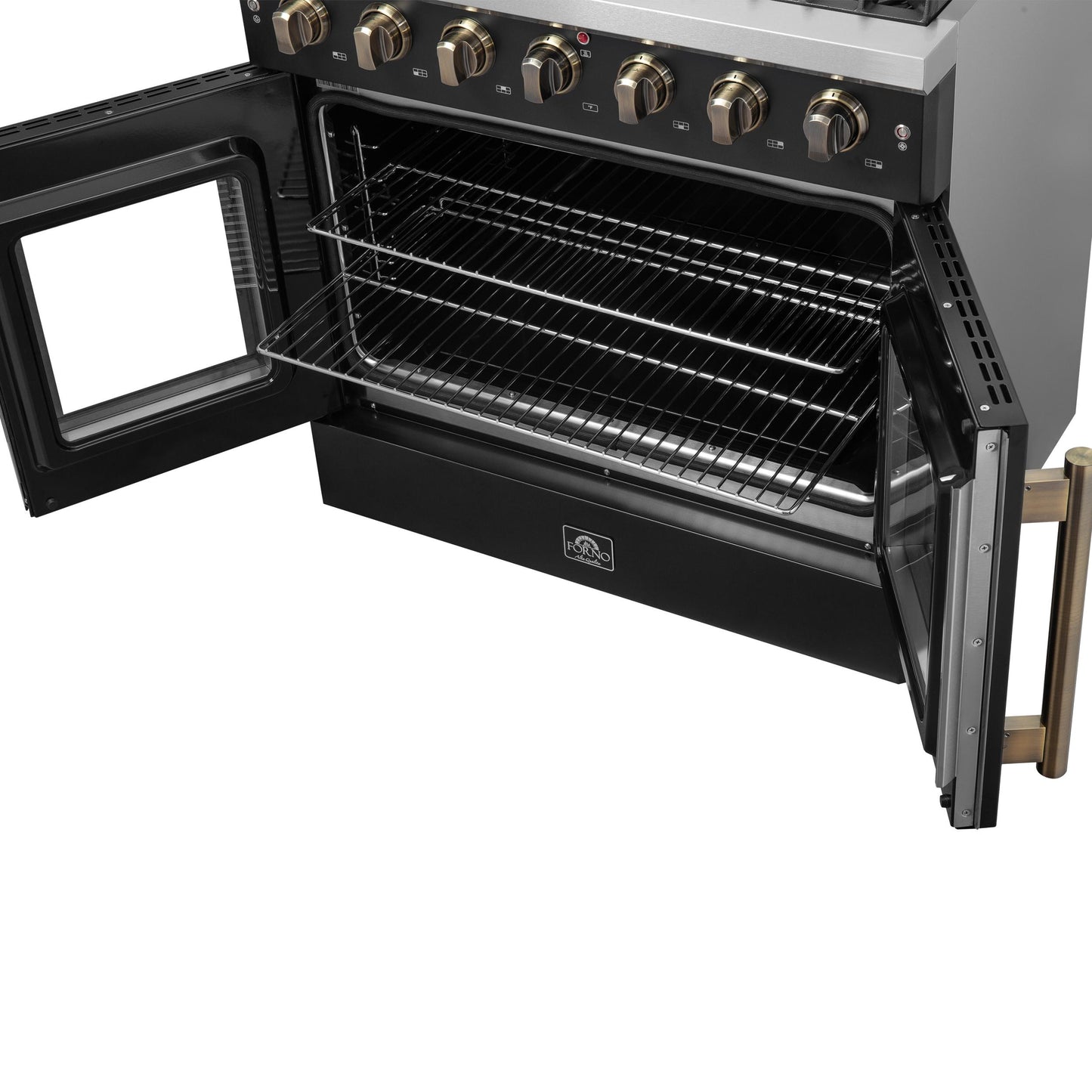 Forno FFSGS644436BLK Forno Galiano 36-Inch French Door Gas Range Black And Antique Brass Design, 6 Sealed Burners 83,000 Btu, 5.36 Cu.Ft. Convection Oven