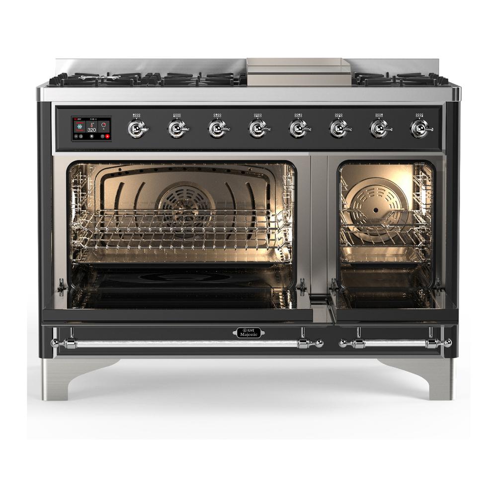 Ilve UM48FQNR3MGC Ilve Um48Fqnr3Mgc Majestic Iii 48 Inch Dual Fuel Range With 8 Burners And Griddle, Dual Function Burner Up To 25,000 Btu (Natural Gas, Solid Door, Graphite Matte, Chrome)