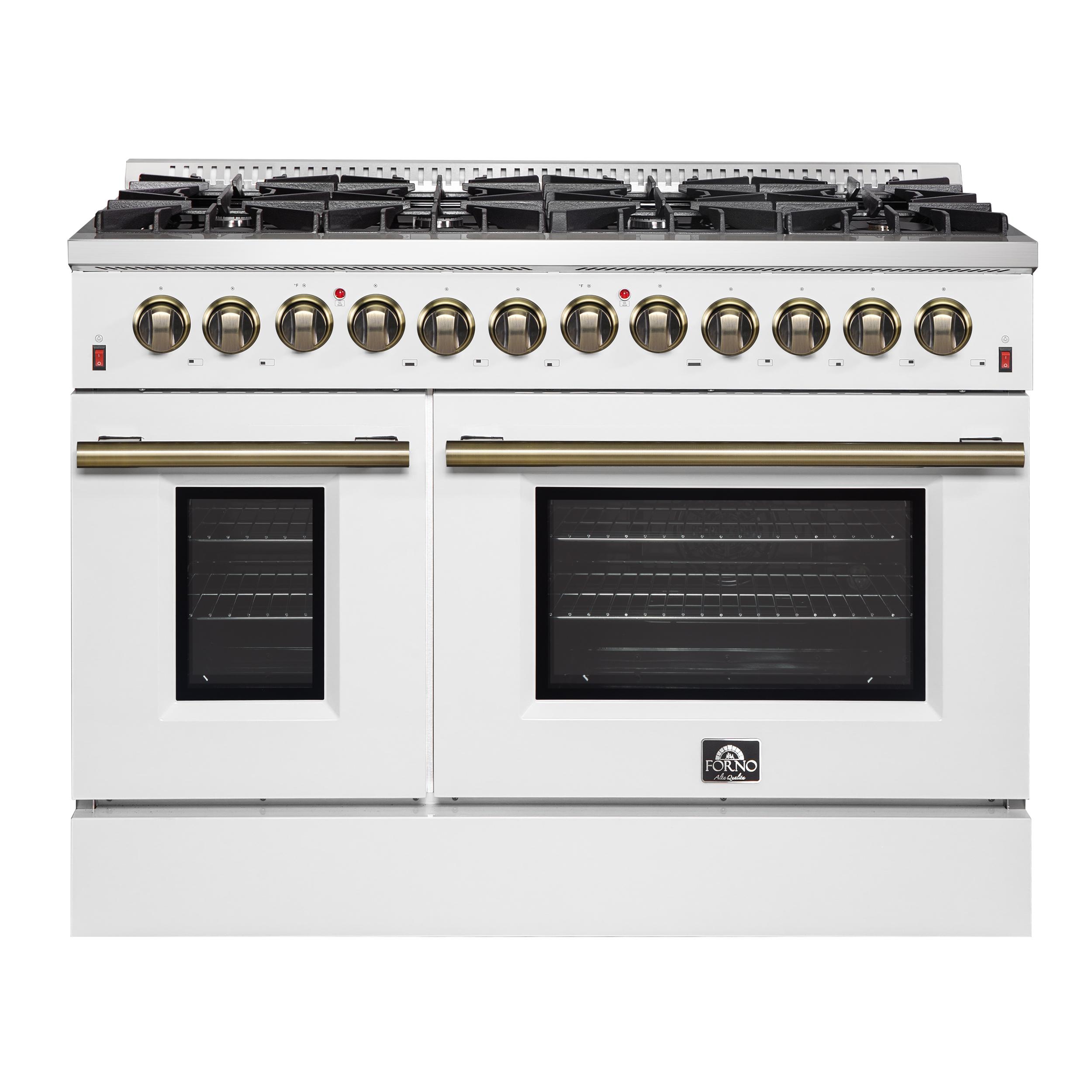 Forno FFSGS615648WHT Galiano 48-Inch Dual Fuel Range White & Antique Brass Design With 8 Sealed Burners 107,000 Btu, 6.58 Cu. Ft. Double Ovens & Griddle
