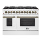 Forno FFSGS615648WHT Galiano 48-Inch Dual Fuel Range White & Antique Brass Design With 8 Sealed Burners 107,000 Btu, 6.58 Cu. Ft. Double Ovens & Griddle