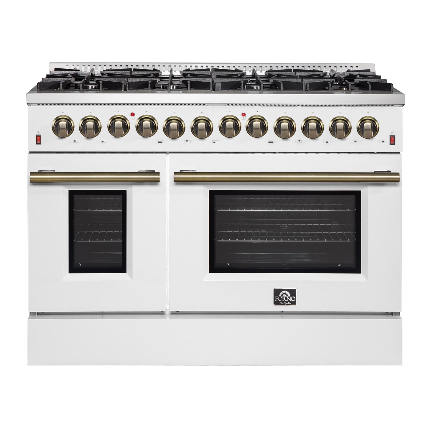Forno FFSGS615648WHT Galiano 48-Inch Dual Fuel Range White & Antique Brass Design With 8 Sealed Burners 107,000 Btu, 6.58 Cu. Ft. Double Ovens & Griddle