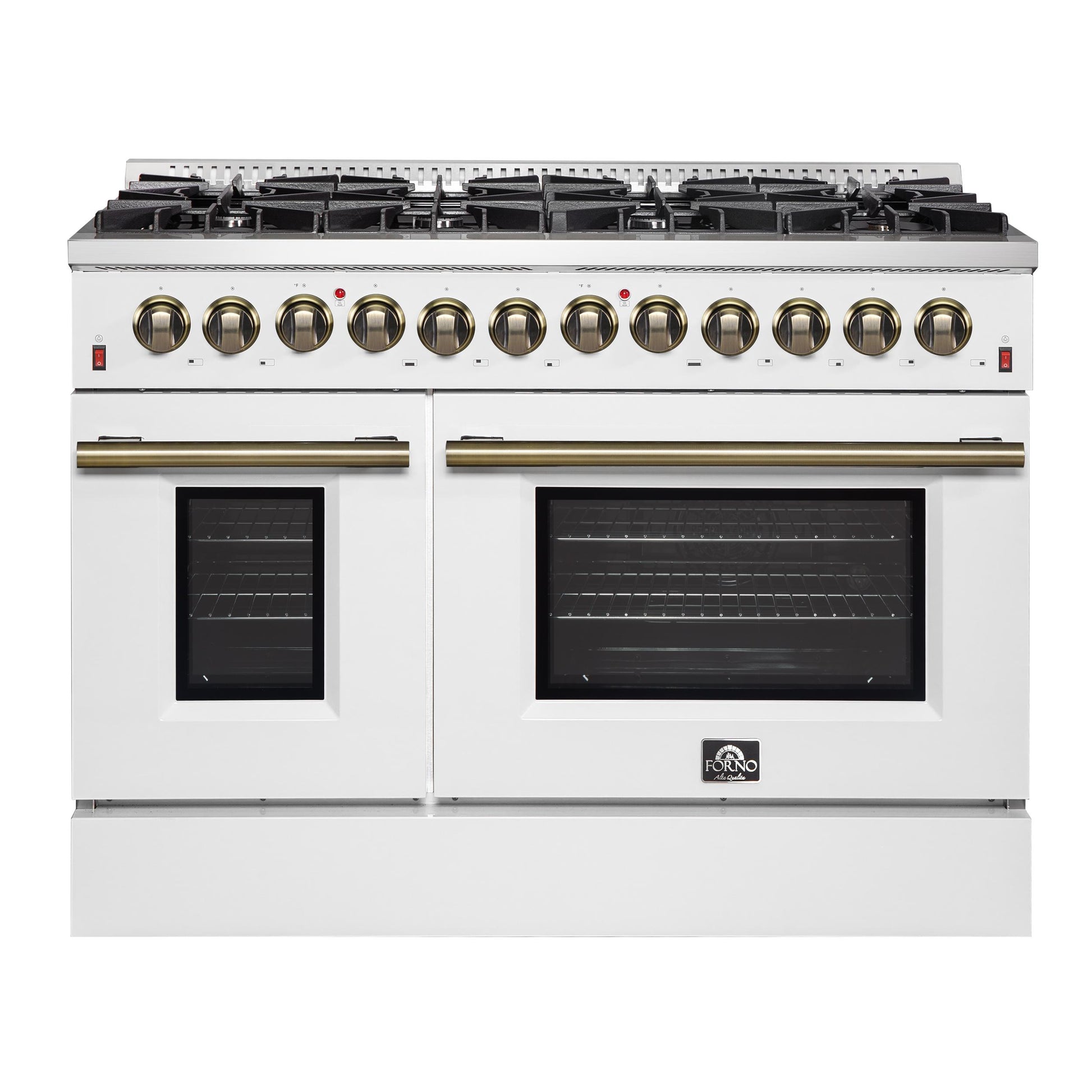 Forno FFSGS615648WHT Galiano 48-Inch Dual Fuel Range White & Antique Brass Design With 8 Sealed Burners 107,000 Btu, 6.58 Cu. Ft. Double Ovens & Griddle