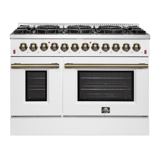 Forno FFSGS615648WHT Galiano 48-Inch Dual Fuel Range White & Antique Brass Design With 8 Sealed Burners 107,000 Btu, 6.58 Cu. Ft. Double Ovens & Griddle