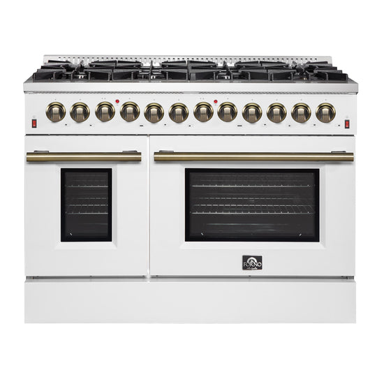 Forno FFSGS615648WHT Galiano 48-Inch Dual Fuel Range White & Antique Brass Design With 8 Sealed Burners 107,000 Btu, 6.58 Cu. Ft. Double Ovens & Griddle