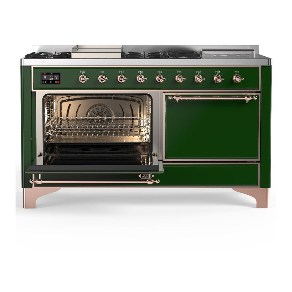 Ilve UM60FSQNR3EGPLP Ilve Um60Fsqnr3Egplp Majestic Iii 60 Inch Dual Fuel Range With 7 Burners, Griddle And French Top, Dual Function Burner With Up To 25,000 Btu (Liquid Propane, Solid Door, Emerald Green, Copper)