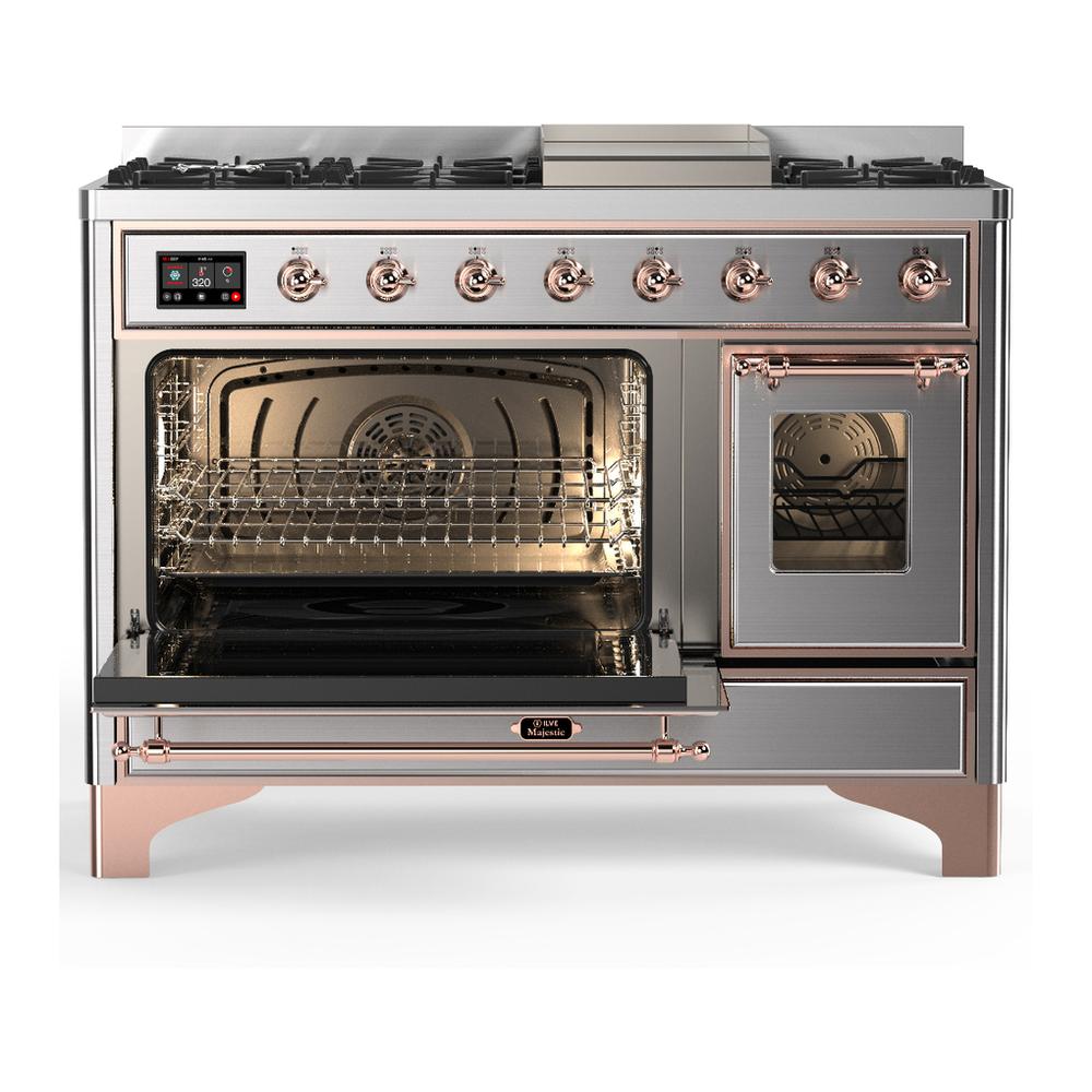 Ilve UM48FNR3SSP Ilve Um48Fnr3Ssp Majestic Iii 48 Inch Dual Fuel Range With 8 Burners And Griddle, Dual Function Burner Up To 25,000 Btu (Natural Gas, Triple Glass Door, Stainless Steel, Copper)