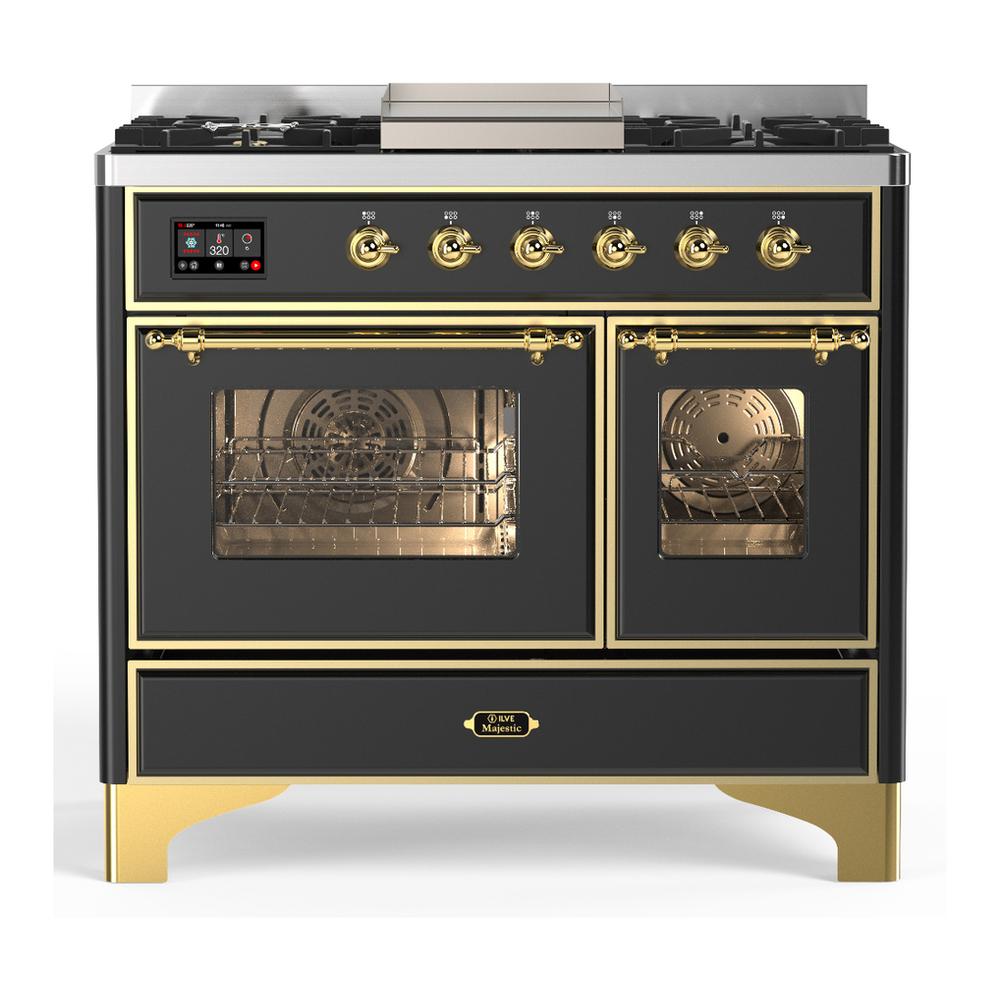 Ilve UMD40FNR3MGGLP Ilve Umd40Fnr3Mgglp Majestic Iii 40 Inch Dual Fuel Range With 6 Burners And Griddle, Dual Function Burner Up To 25,000 Btu (Liquid Propane, Triple Glass Door, Graphite Matte, Brass)