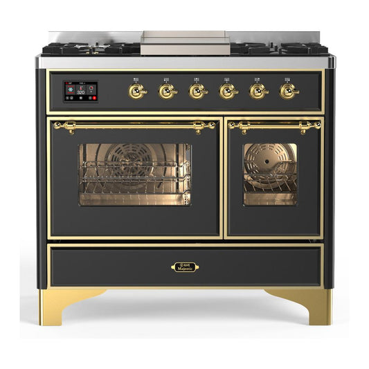 Ilve UMD40FNR3MGGLP Ilve Umd40Fnr3Mgglp Majestic Iii 40 Inch Dual Fuel Range With 6 Burners And Griddle, Dual Function Burner Up To 25,000 Btu (Liquid Propane, Triple Glass Door, Graphite Matte, Brass)