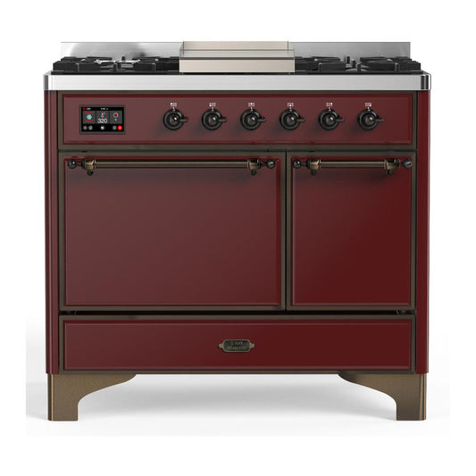 Ilve UMD40FQNR3BUB Ilve Umd40Fqnr3Bub Majestic Iii 40 Inch Dual Fuel Range With 6 Burners And Griddle, Dual Function Burner Up To 25,000 Btu (Natural Gas, Solid Door, Burgundy, Burnished)