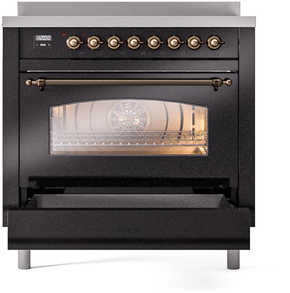 Ilve UPI366NMPBKB Nostalgie Ii 36 Inch Electric Freestanding Range In Glossy Black With Bronze Trim