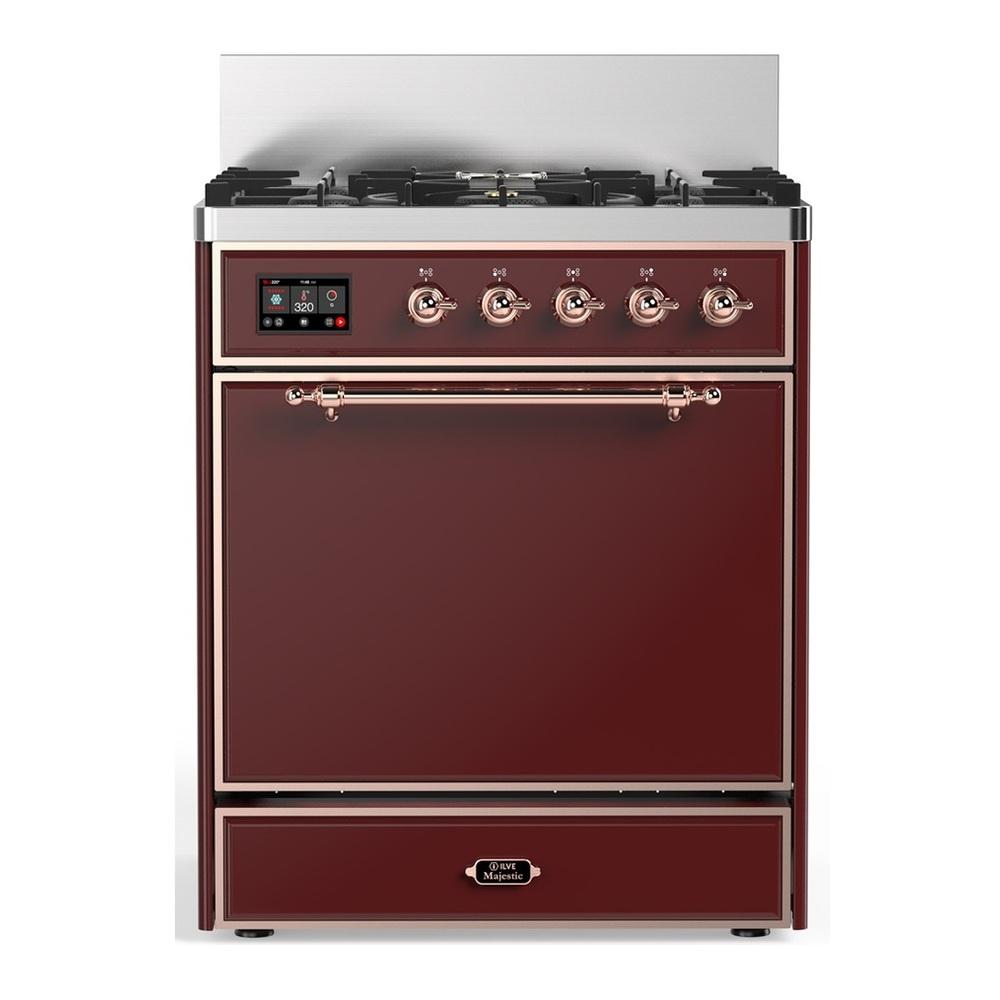 Ilve UM30QNR3BUPLP Ilve Um30Qnr3Buplp Majestic Iii 30 Inch Dual Fuel Range With 5 Black Brass Burners, Dual Function Burner Up To 25,000 Btu (Liquid Propane, Solid Door, Burgundy, Copper)