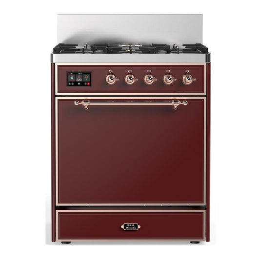 Ilve UM30QNR3BUPLP Ilve Um30Qnr3Buplp Majestic Iii 30 Inch Dual Fuel Range With 5 Black Brass Burners, Dual Function Burner Up To 25,000 Btu (Liquid Propane, Solid Door, Burgundy, Copper)