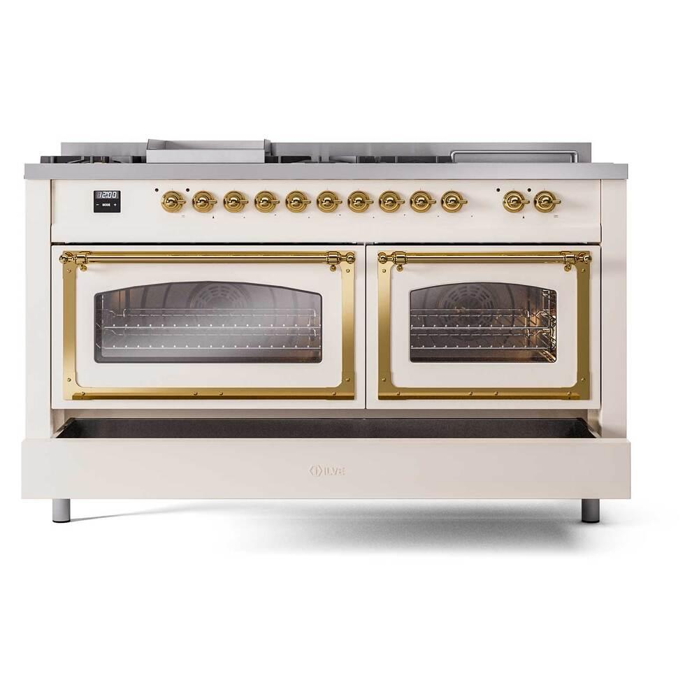Ilve UN60FSNMPAWGLP Ilve Un60Fsnmpawglp Nostalgie Ii Noblesse 60" Dual Fuel Range (7 Sealed Burners + Griddle + French Top, Liquid Propane, Triple Glass Door, Antique White, Brass)