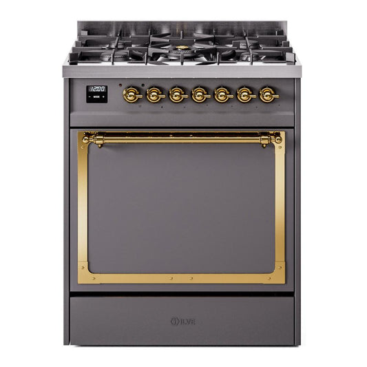 Ilve UN30QNMPMGG Ilve Un30Qnmpmgg Nostalgie Ii Noblesse 30" Dual Fuel Range (Natural Gas, Solid Door, Graphite Matte, Brass)