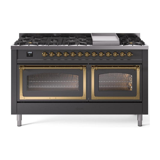 Ilve UN60FNMPMGGLP Ilve Un60Fnmpmgglp Nostalgie Ii Noblesse 60" Dual Fuel Range (9 Sealed Burners + Griddle, Liquid Propane, Triple Glass Door, Graphite Matte, Brass)
