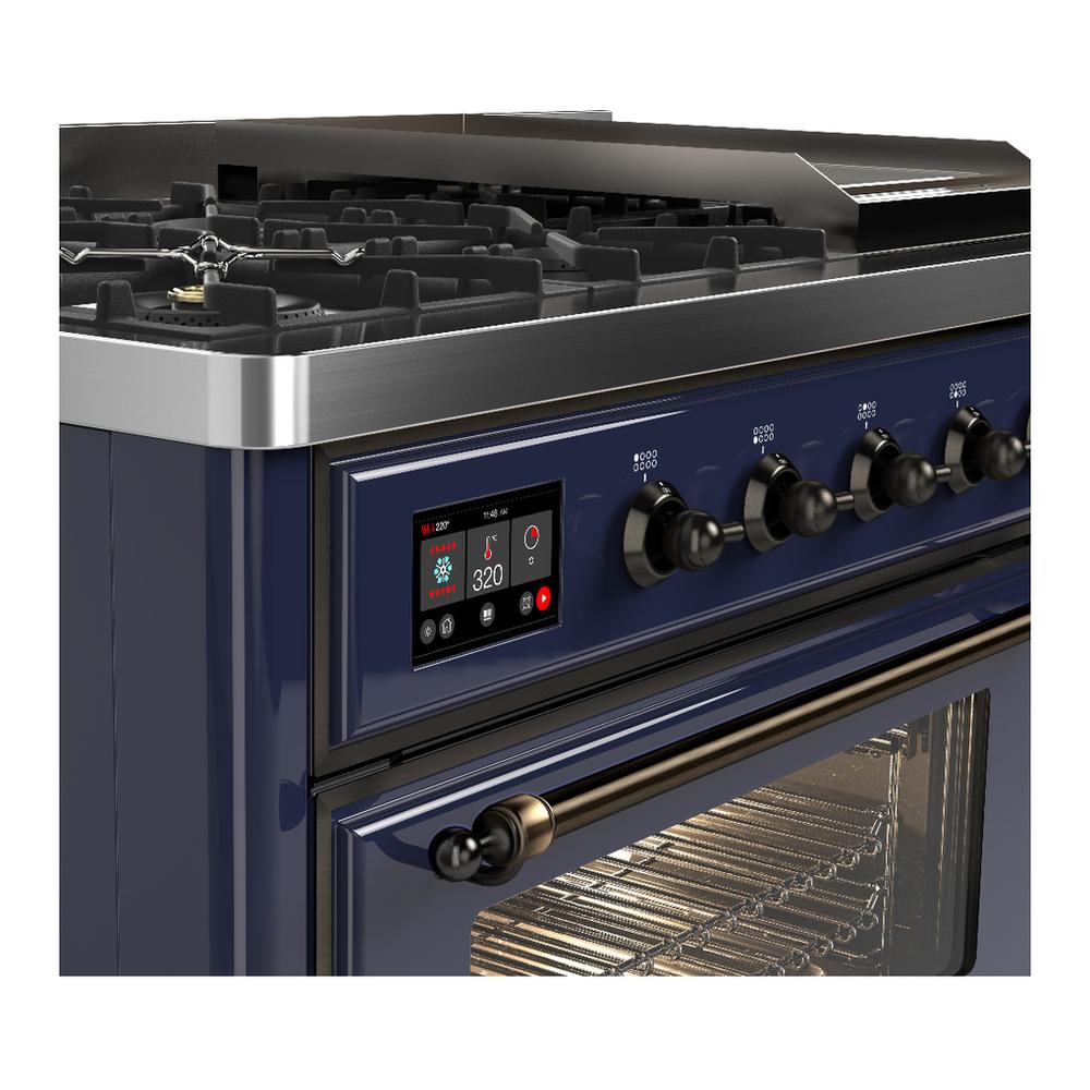 Ilve UM48FNR3MBPLP Ilve Um48Fnr3Mbplp Majestic Iii 48 Inch Dual Fuel Range With 8 Burners And Griddle, Dual Function Burner Up To 25,000 Btu (Liquid Propane, Triple Glass Door, Midnight Blue, Copper)