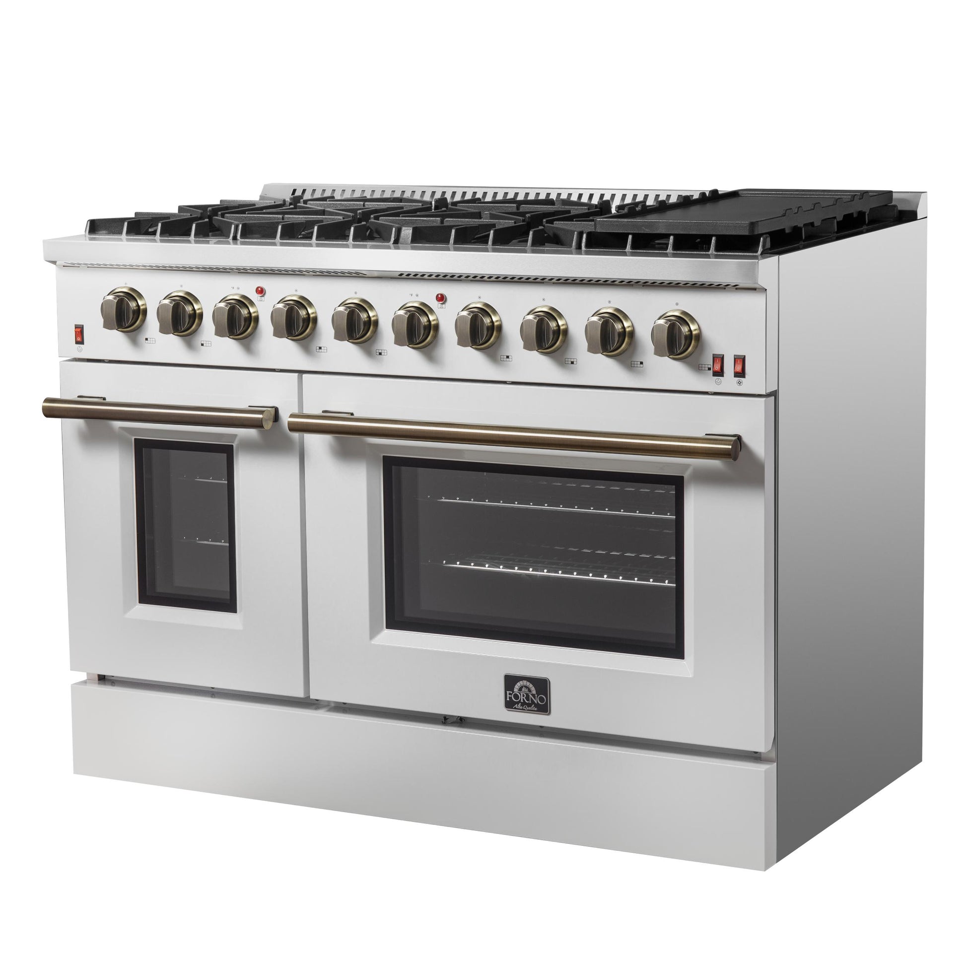 Forno FFSGS624448WHT Forno Galiano 48-Inch Gas Range White & Antique Brass Design, 8 Burners, 107,000 Btu, Griddle, 6.58 Cu.Ft. Double Ovens