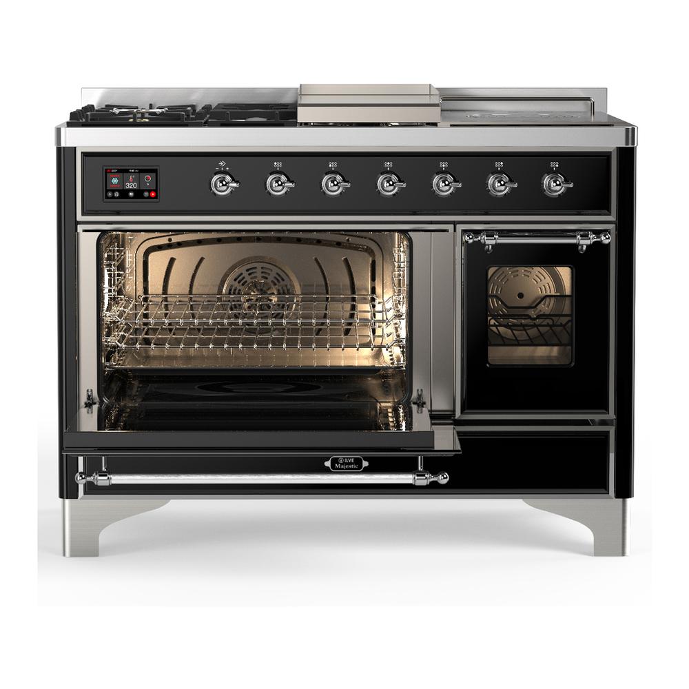 Ilve UM48FSNR3BKCLP Ilve Um48Fsnr3Bkclp Majestic Iii 48 Inch Dual Fuel Range With 5 Black Brass Burners, Griddle And French Top, Dual Function Burner Up To 25,000 Btu (Liquid Propane, Triple Glass Door, Glossy Black, Chrome)