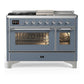 Ilve UM48FSNR3BGCLP Ilve Um48Fsnr3Bgclp Majestic Iii 48 Inch Dual Fuel Range With 5 Black Brass Burners, Griddle And French Top, Dual Function Burner Up To 25,000 Btu (Liquid Propane, Triple Glass Door, Blue Grey, Chrome)