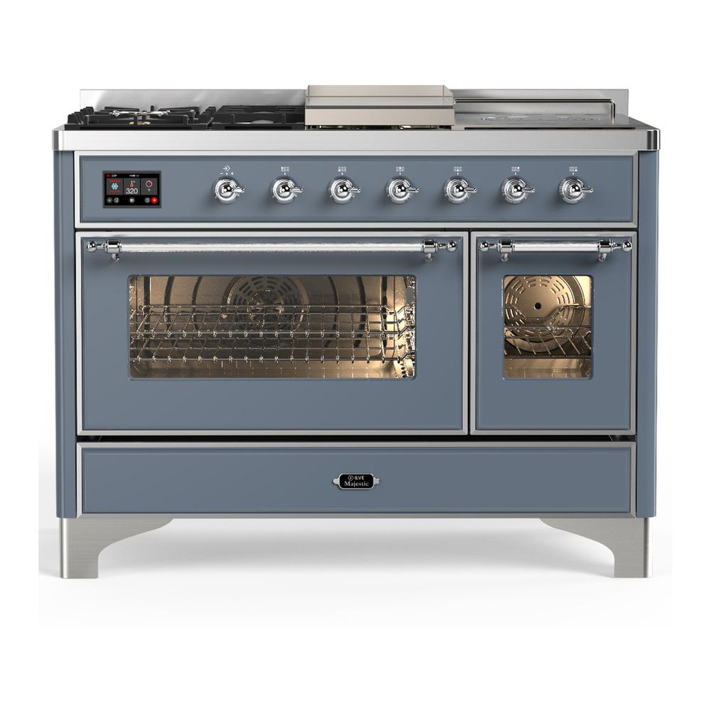 Ilve UM48FSNR3BGCLP Ilve Um48Fsnr3Bgclp Majestic Iii 48 Inch Dual Fuel Range With 5 Black Brass Burners, Griddle And French Top, Dual Function Burner Up To 25,000 Btu (Liquid Propane, Triple Glass Door, Blue Grey, Chrome)
