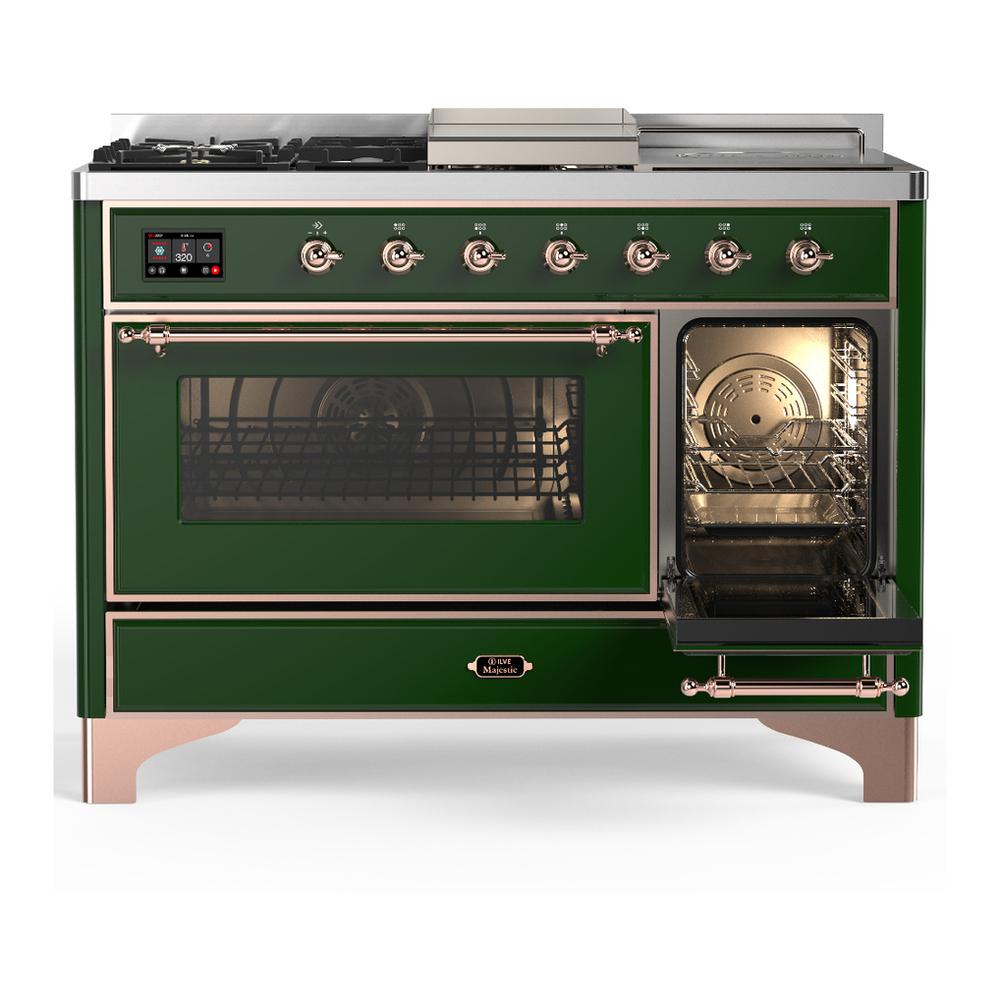 Ilve UM48FSNR3EGP Ilve Um48Fsnr3Egp Majestic Iii 48 Inch Dual Fuel Range With 5 Black Brass Burners, Griddle And French Top, Dual Function Burner Up To 25,000 Btu (Natural Gas, Triple Glass Door, Emerald Green, Copper)