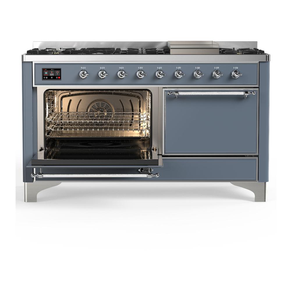 Ilve UM60FQNR3BGC Ilve Um60Fqnr3Bgc Majestic Iii 60 Inch Dual Fuel Range With 9 Burners And Griddle, Dual Function Burner Up To 25,000 Btu (Natural Gas, Solid Door, Blue Grey, Chrome)
