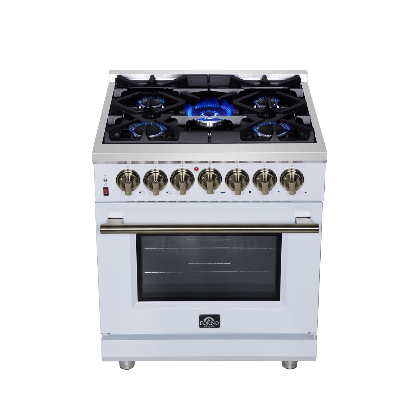 Forno FFSGS612530WHT Forno Massimo 30-Inch Freestanding Dual Fuel Range In White With Antique Brass Accessories, 4 Burners, 4.32 Cu. Ft. Convection Oven