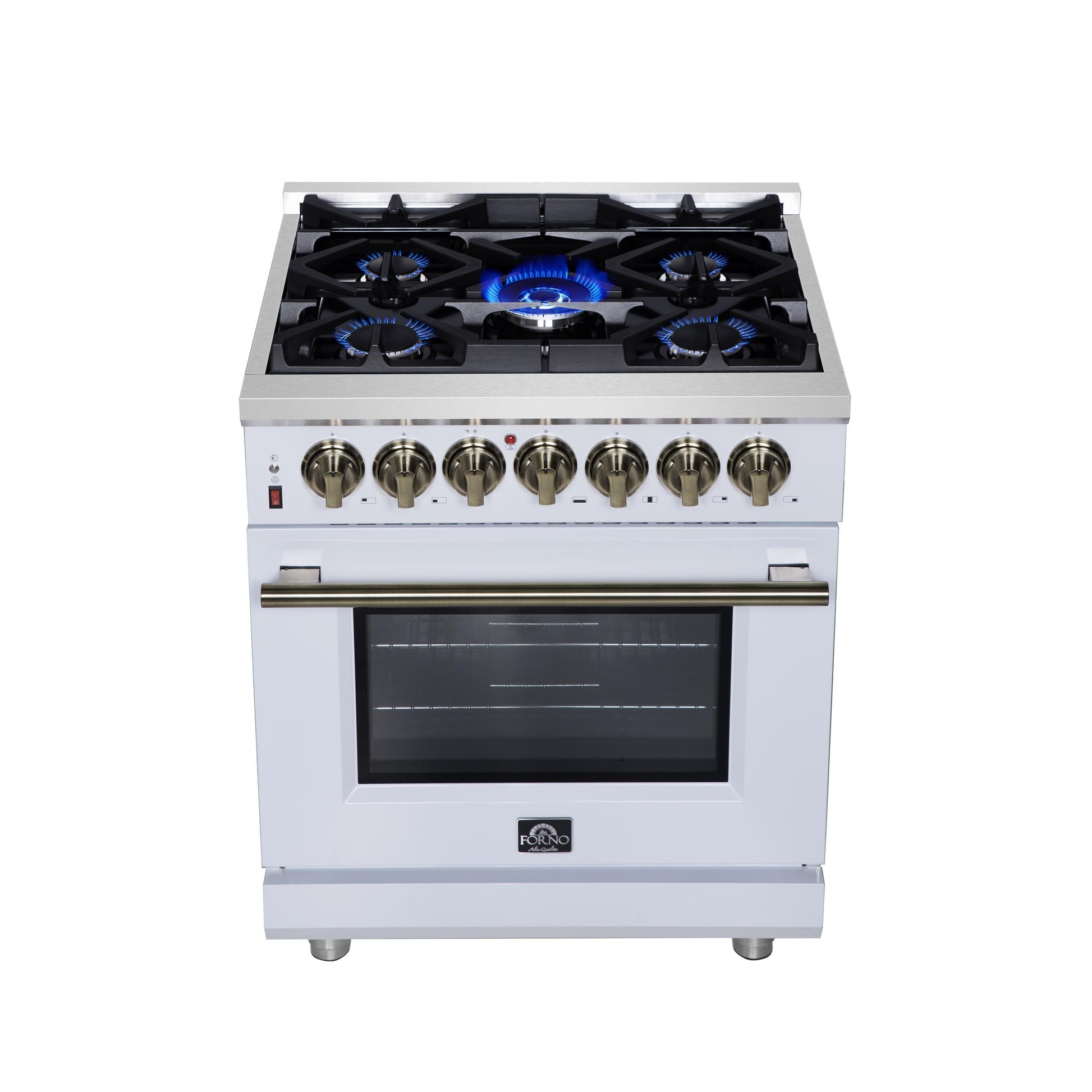 Forno FFSGS612530WHT Forno Massimo 30-Inch Freestanding Dual Fuel Range In White With Antique Brass Accessories, 4 Burners, 4.32 Cu. Ft. Convection Oven