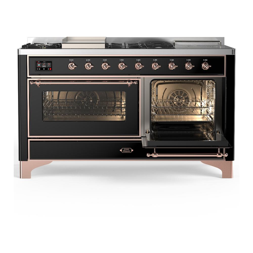 Ilve UM60FSNR3BKPLP Ilve Um60Fsnr3Bkplp Majestic Iii 60 Inch Dual Fuel Range With 7 Burners, Griddle And French Top, Dual Function Burner With Up To 25,000 Btu (Liquid Propane, Triple Glass Door, Glossy Black, Copper)