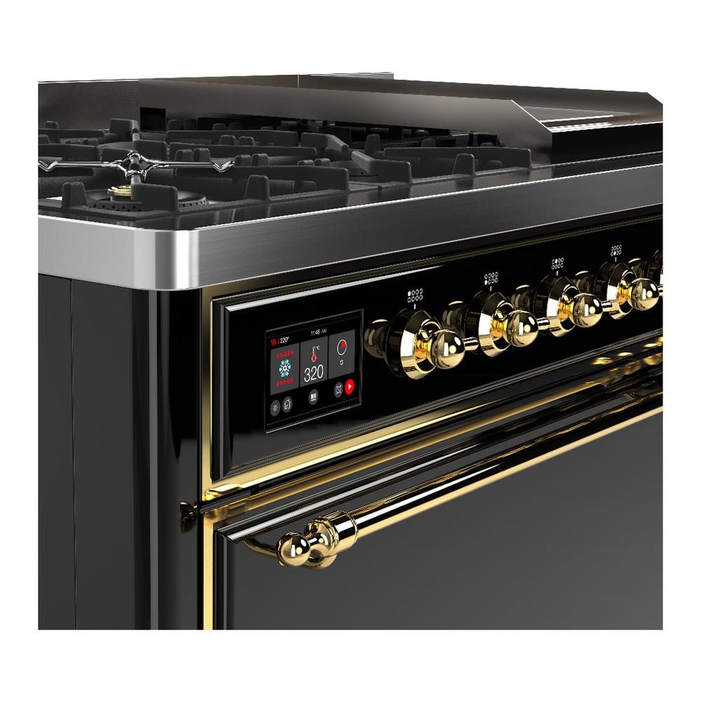 Ilve UM48FQNR3BKGLP Ilve Um48Fqnr3Bkglp Majestic Iii 48 Inch Dual Fuel Range With 8 Burners And Griddle, Dual Function Burner Up To 25,000 Btu (Liquid Propane, Solid Door, Glossy Black, Brass)