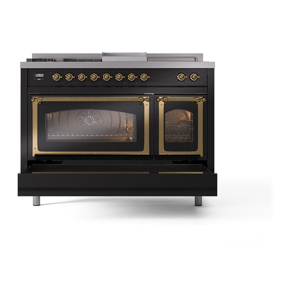Ilve UN48FSNMPBKG Ilve Un48Fsnmpbkg Nostalgie Ii Noblesse 48" Dual Fuel Range (5 Sealed Burners + Griddle + French Top, Natural Gas, Triple Glass Door, Glossy Black, Brass)