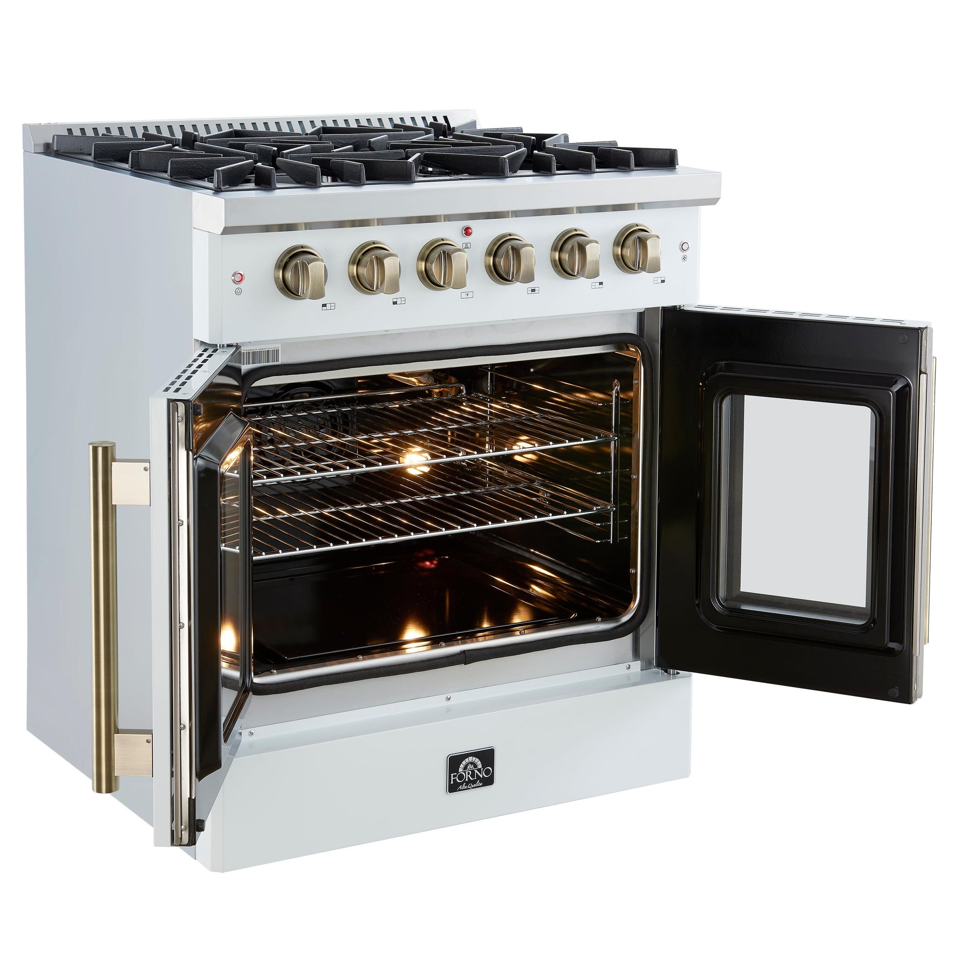 Forno FFSGS644430WHT Forno Galiano 30-Inch French Door Gas Rangenwhite With Antique Brass Design, 5 Burners,N68,000 Btu, 4.32 Cu.Ft. Convection Oven