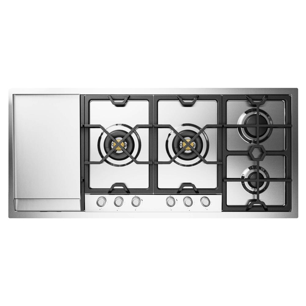 Ilve UHCPMT125FSSLP Ilve Uhcpmt125Fsslp Panoramagic 48 Inch Built-In Gas Cooktop With Total Black Brass Burners, In Stainless Steel (6 Sealed Burners + Left Griddle, Liquid Propane)