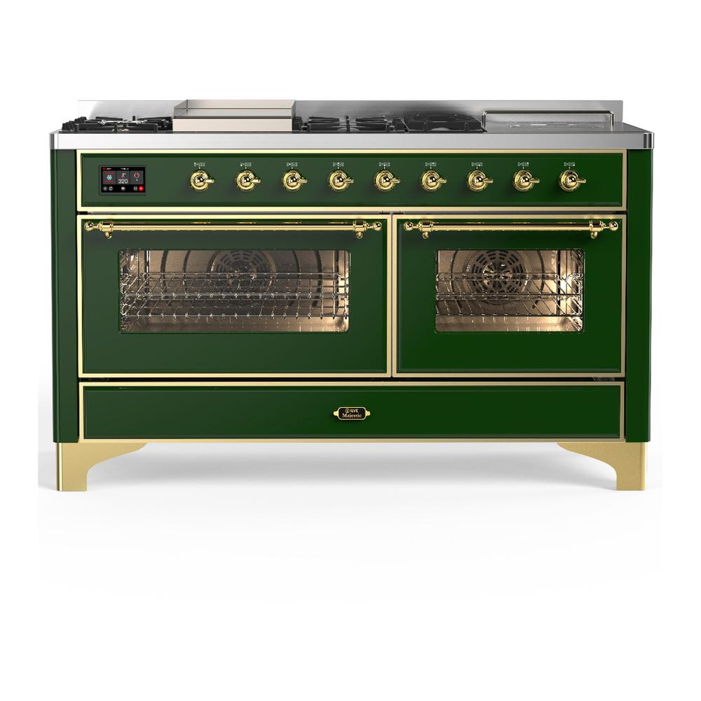 Ilve UM60FSNR3EGGLP Ilve Um60Fsnr3Egglp Majestic Iii 60 Inch Dual Fuel Range With 7 Burners, Griddle And French Top, Dual Function Burner With Up To 25,000 Btu (Liquid Propane, Triple Glass Door, Emerald Green, Brass)