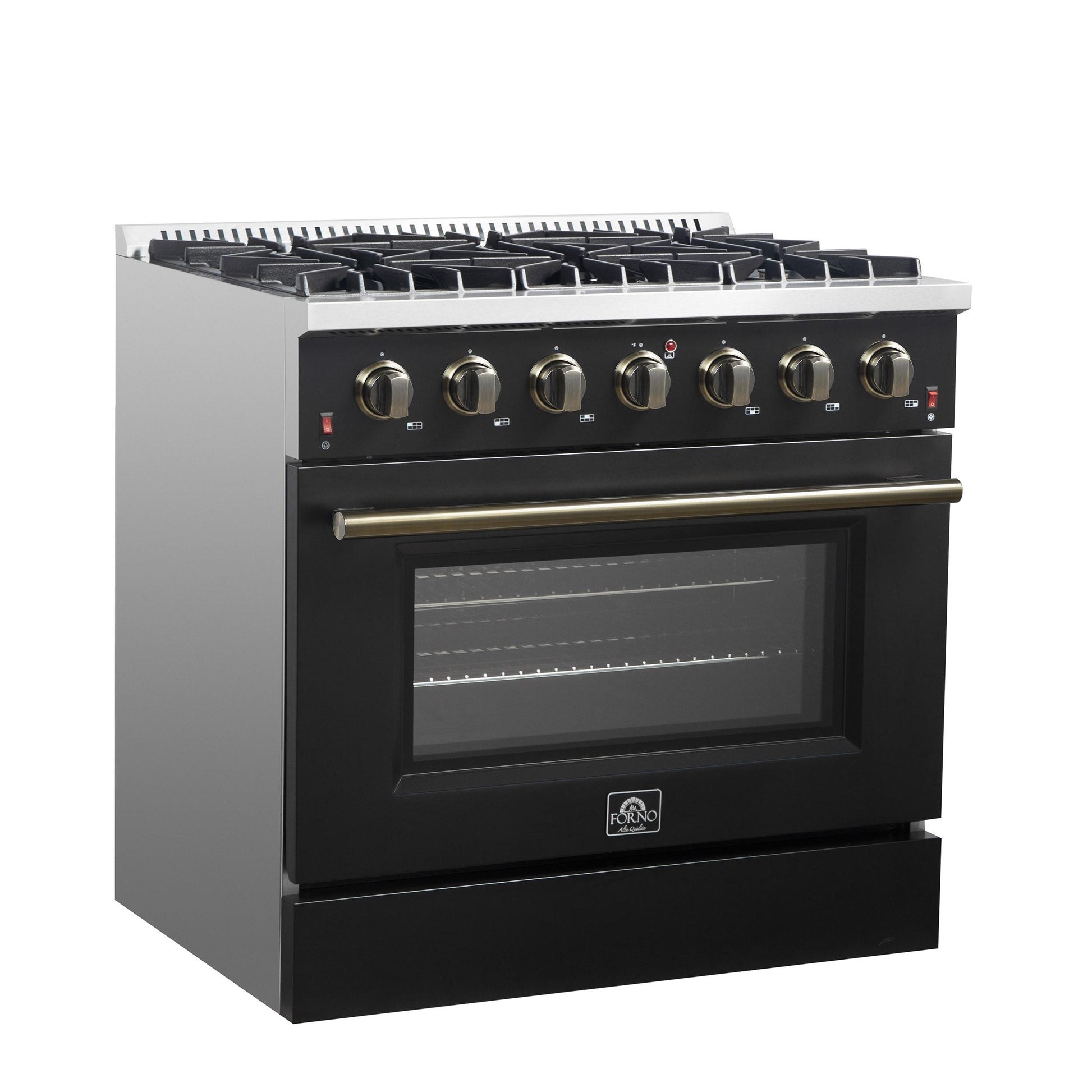 Forno FFSGS624436BLK Forno Galiano 36-Inch Freestanding Gas Range In Black With Antique Brass Design, 6 Burners, 83,000 Btu, 5.36 Cu.Ft. Convection Oven