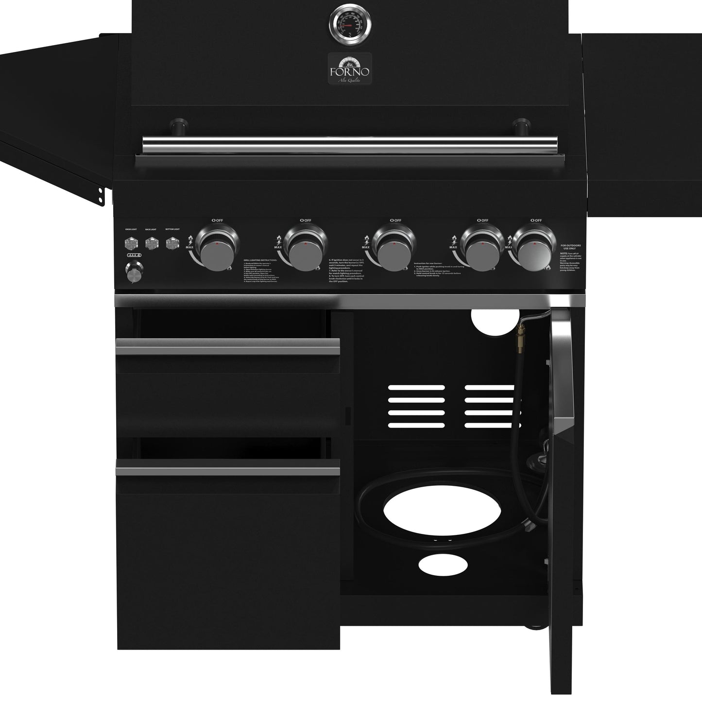 Forno FODKT2582BLK Forno All Aperto 62,600 Btu Bbq, 3 Stainless Steel Burners, Infrared Burners, Sink Module, Black Sintered Stone Countertops, Bar And Beverage Center
