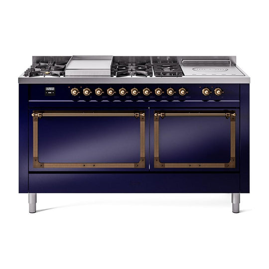 Ilve UN60FSQNMPMBB Ilve Un60Fsqnmpmbb Nostalgie Ii Noblesse 60" Dual Fuel Range (7 Sealed Burners + Griddle + French Top, Natural Gas, Solid Door, Midnight Blue, Burnished)