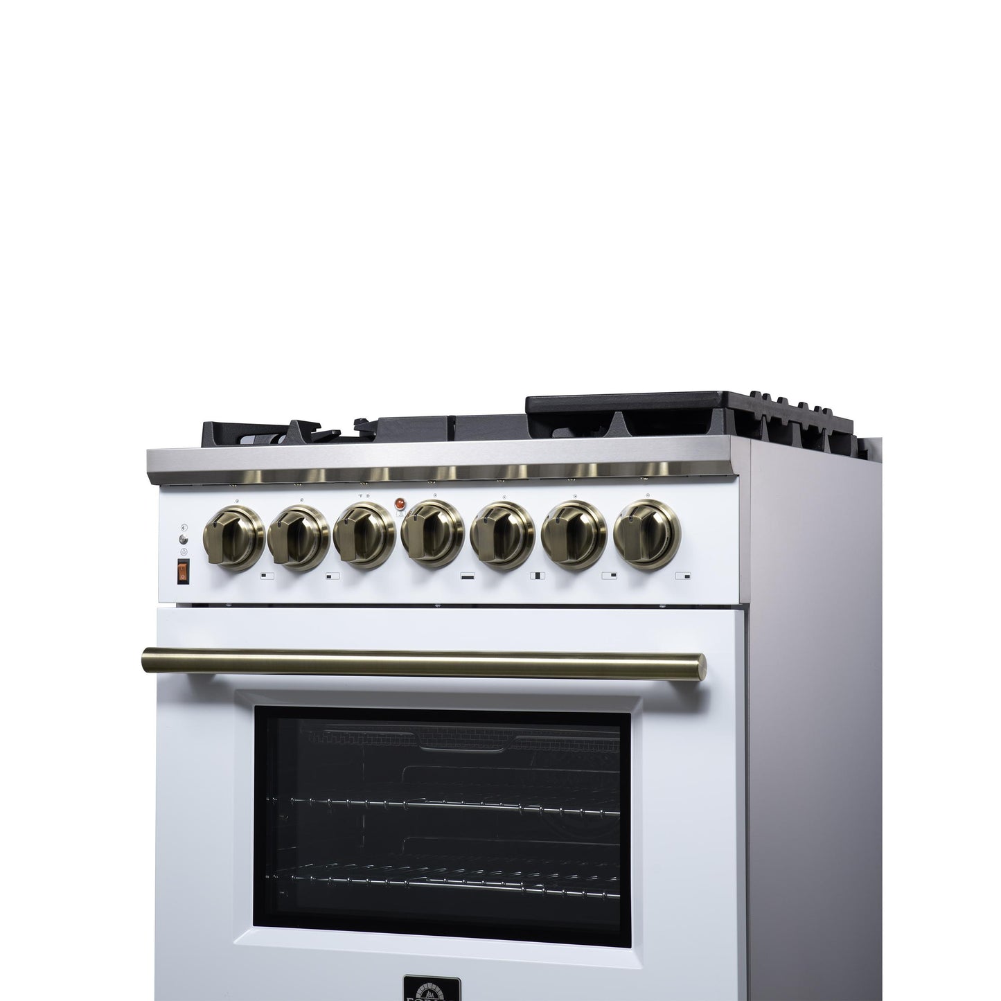 Forno FFSGS612530WHT Forno Massimo 30-Inch Freestanding Dual Fuel Range In White With Antique Brass Accessories, 4 Burners, 4.32 Cu. Ft. Convection Oven