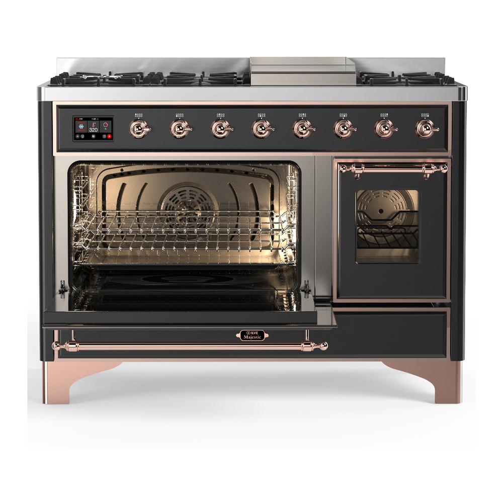Ilve UM48FNR3MGPLP Ilve Um48Fnr3Mgplp Majestic Iii 48 Inch Dual Fuel Range With 8 Burners And Griddle, Dual Function Burner Up To 25,000 Btu (Liquid Propane, Triple Glass Door, Graphite Matte, Copper)
