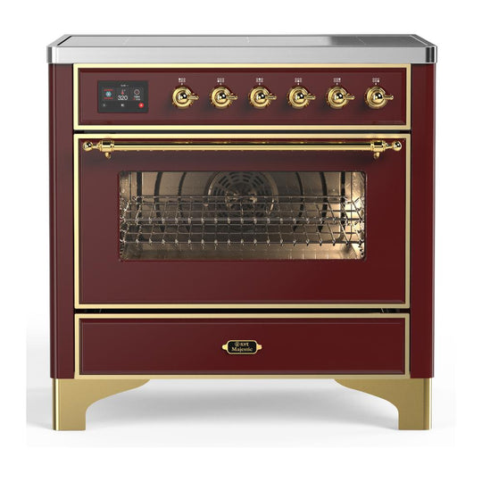 Ilve UMIB36NR3BUG Ilve Umib36Nr3Bug Majestic Iii 36 Inch Induction Range With 6 Elements, 3.5 Cu. Ft. Total Oven Capacity (Triple Glass Door, Burgundy, Brass)