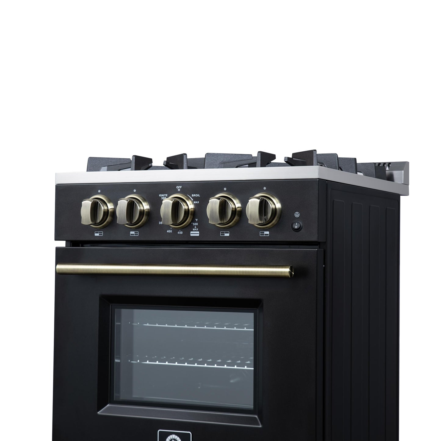 Forno FFSGS627224BLK Forno Breno 24 Inch Freestanding Gas Range In Black With Antique Brass, Compact Design