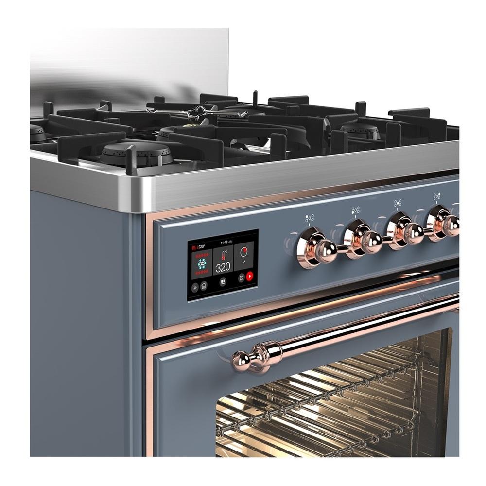 Ilve UM30NR3BGP Ilve Um30Nr3Bgp Majestic Iii 30 Inch Dual Fuel Range With 5 Black Brass Burners, Dual Function Burner Up To 25,000 Btu (Natural Gas, Triple Glass Door, Blue Grey, Copper)
