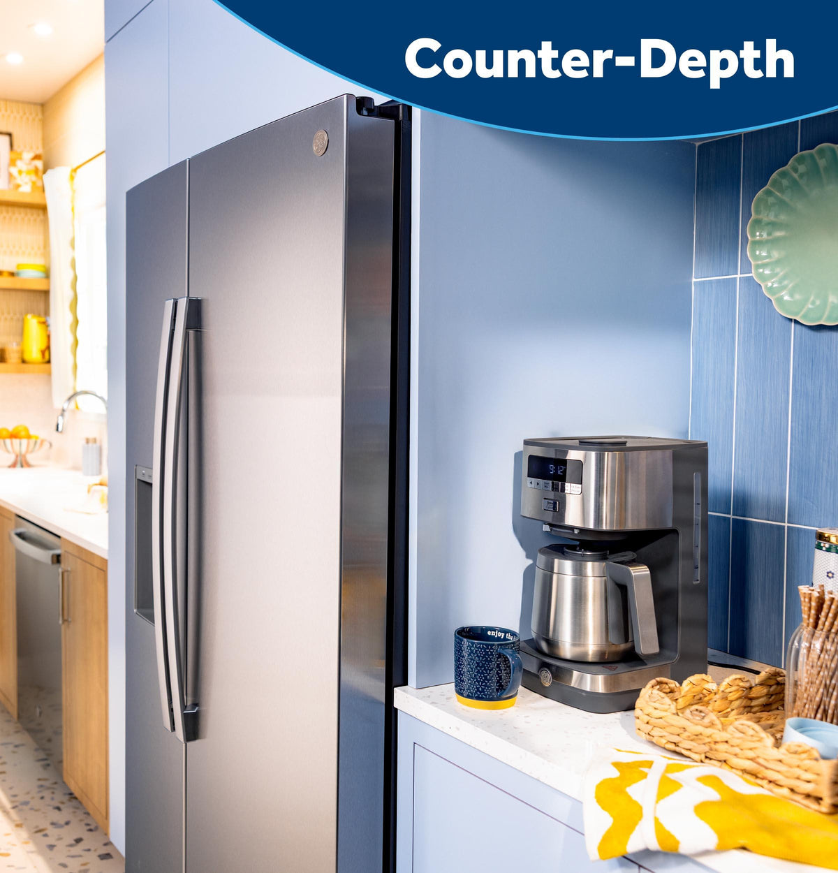 Ge Appliances GZS24NYYFS Ge® 23.6 Cu. Ft. Counter-Depth Side-By-Side Refrigerator With Extra Tall Dispenser And In-Door Icemaker
