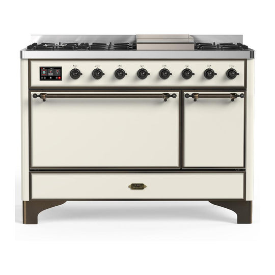 Ilve UM48FQNR3AWB Ilve Um48Fqnr3Awb Majestic Iii 48 Inch Dual Fuel Range With 8 Burners And Griddle, Dual Function Burner Up To 25,000 Btu (Natural Gas, Solid Door, Antique White, Burnished)